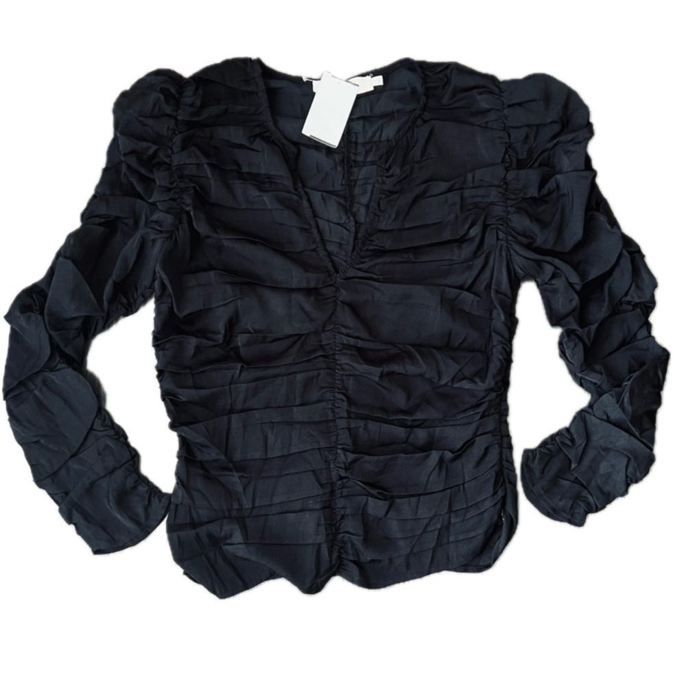 Astr Black Puff Sleeve Ruched Blouse